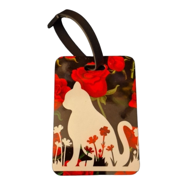 FLORAL KITTY CAT SILHOUETTE HANDCRAFTED LUGGAGE TAG - Picture 1 of 2